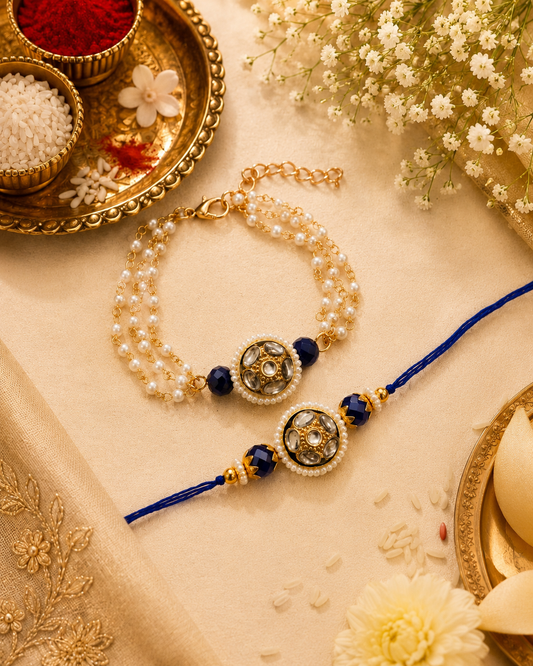 Blue Ritansh Meena Bhaiya Bhabhi Rakhi Bracelet Set | Tilak Set Included