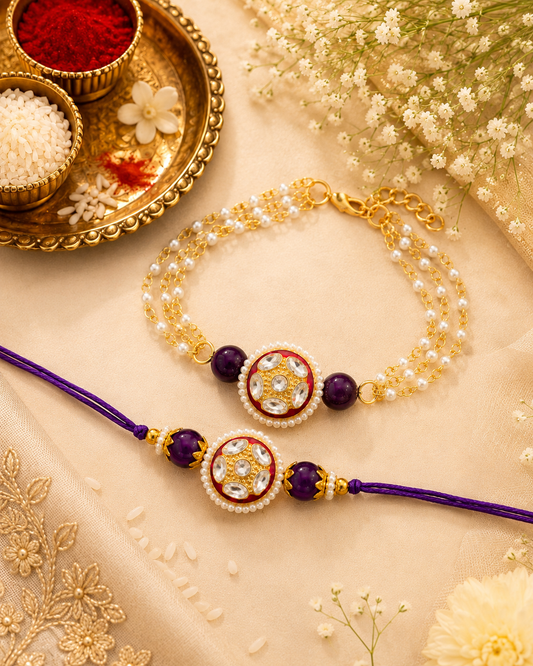 Purple Ritansh Meena Bhaiya Bhabhi Rakhi Bracelet Set | Tilak Set Included