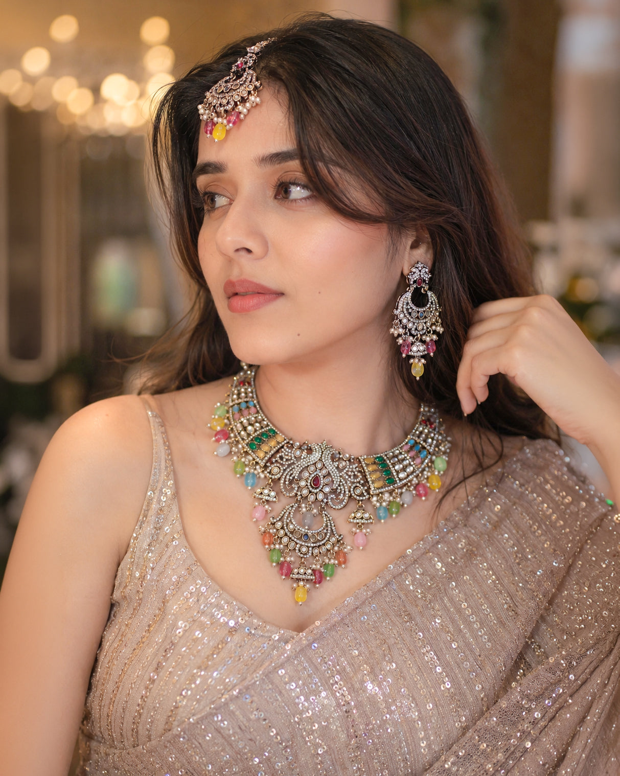 Aarvika Premium Sabya Inspired Necklace Set with Earring & Teeka