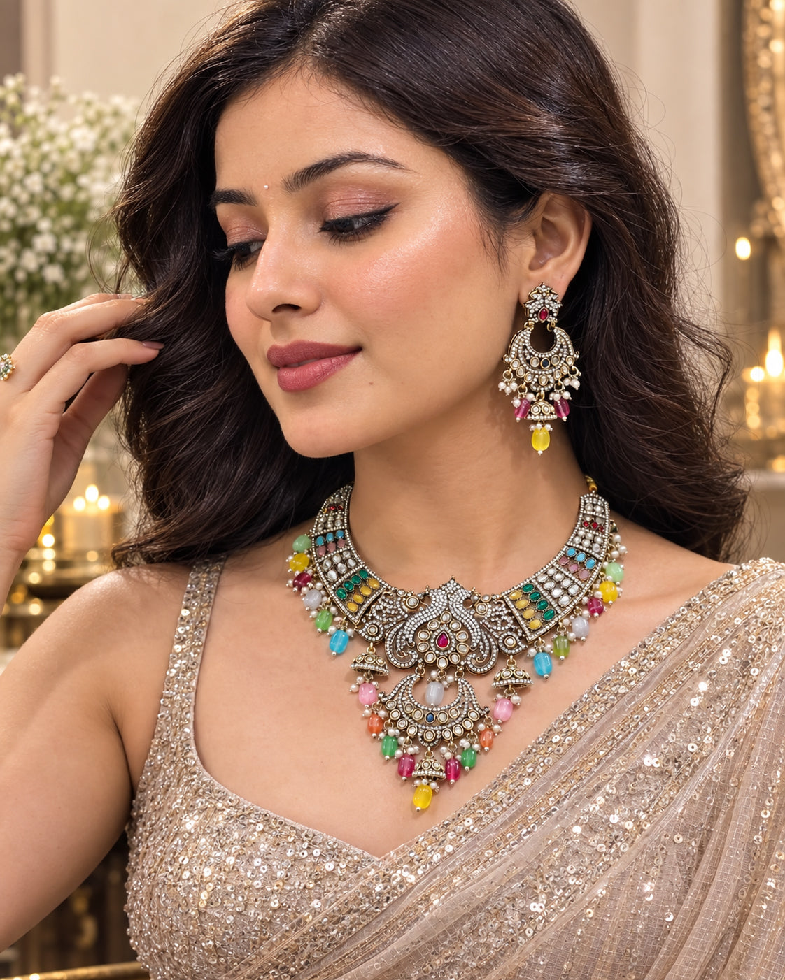 Aarvika Premium Sabya Inspired Necklace Set with Earring & Teeka