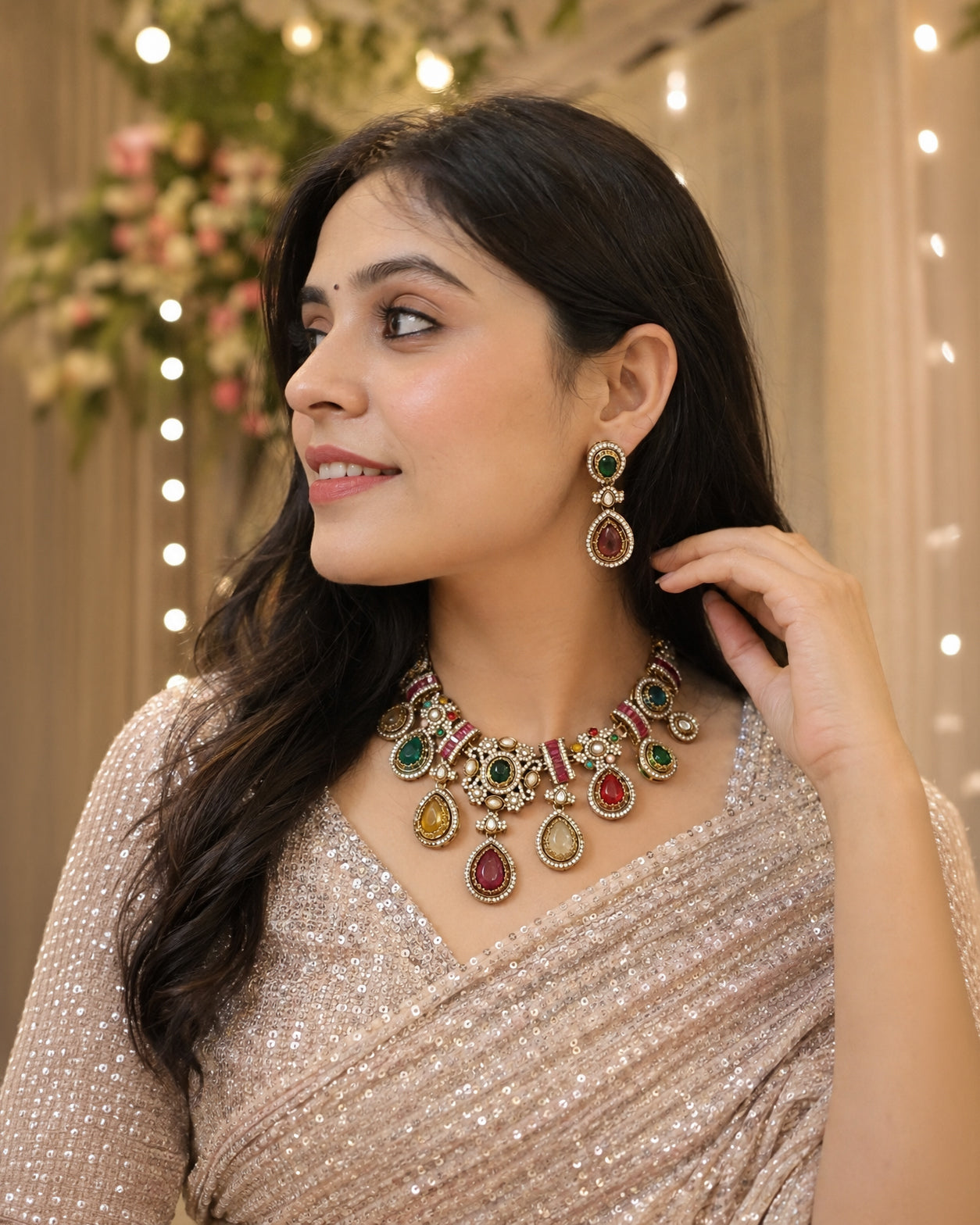 Arovia Premium Sabya Inspired Necklace Set with Earring & Teeka