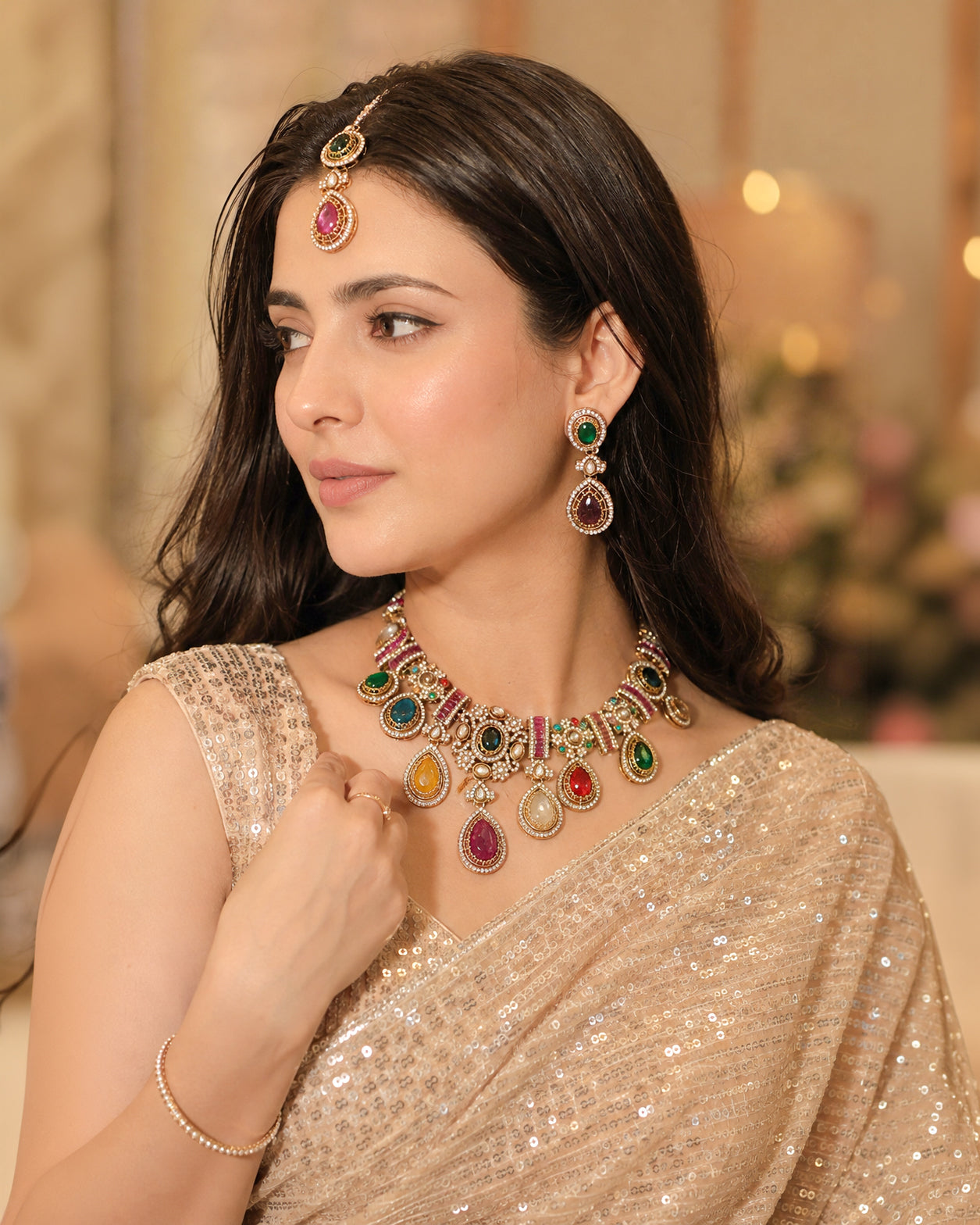 Arovia Premium Sabya Inspired Necklace Set with Earring & Teeka