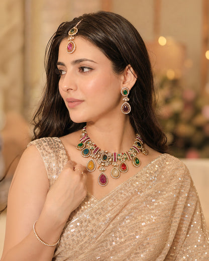 Arovia Premium Sabya Inspired Necklace Set with Earring & Teeka