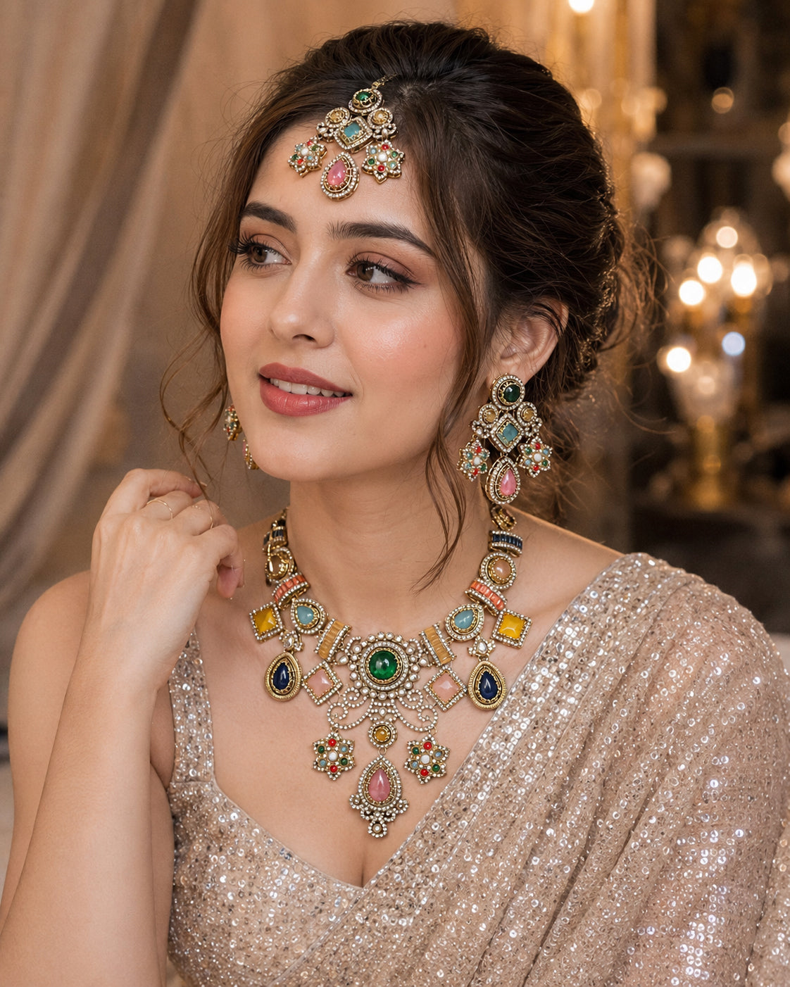 Narzika Premium Sabya Inspired Necklace Set with Earring & Teeka
