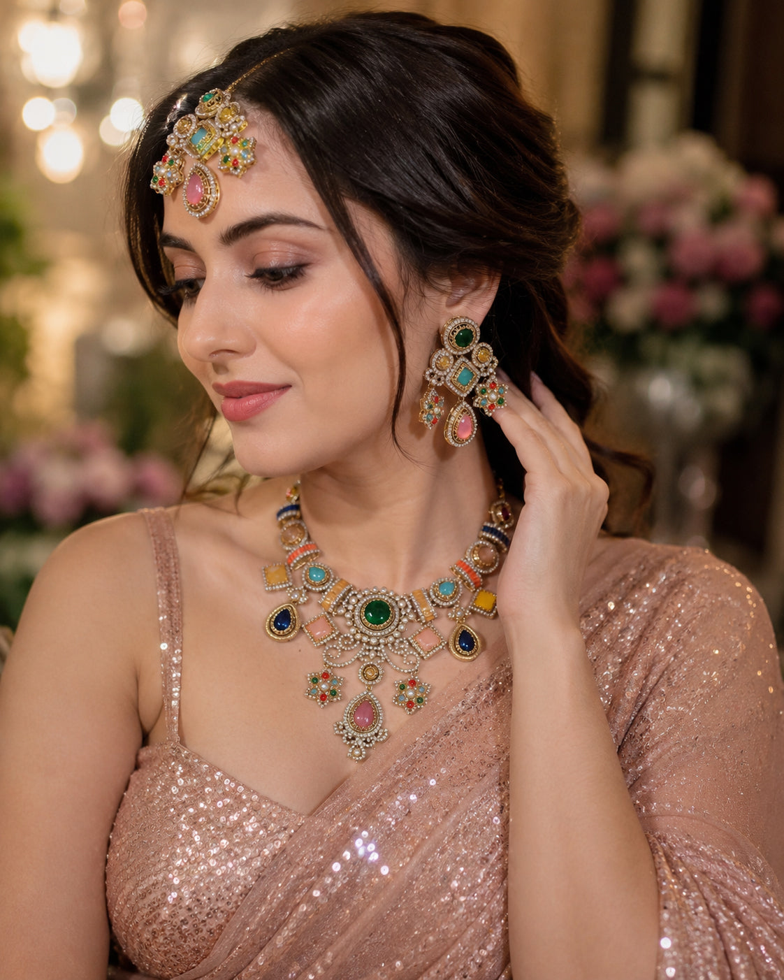 Narzika Premium Sabya Inspired Necklace Set with Earring & Teeka