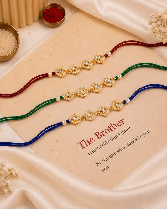 Pack of 3 Misha Rakhi for Brother | Tilak Set Included | Red-Green-Blue