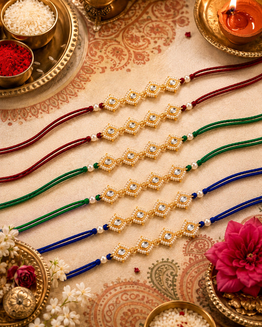 Pack of 6 Misha Rakhi for Brother | Tilak Set Included | Red-Green-Blue
