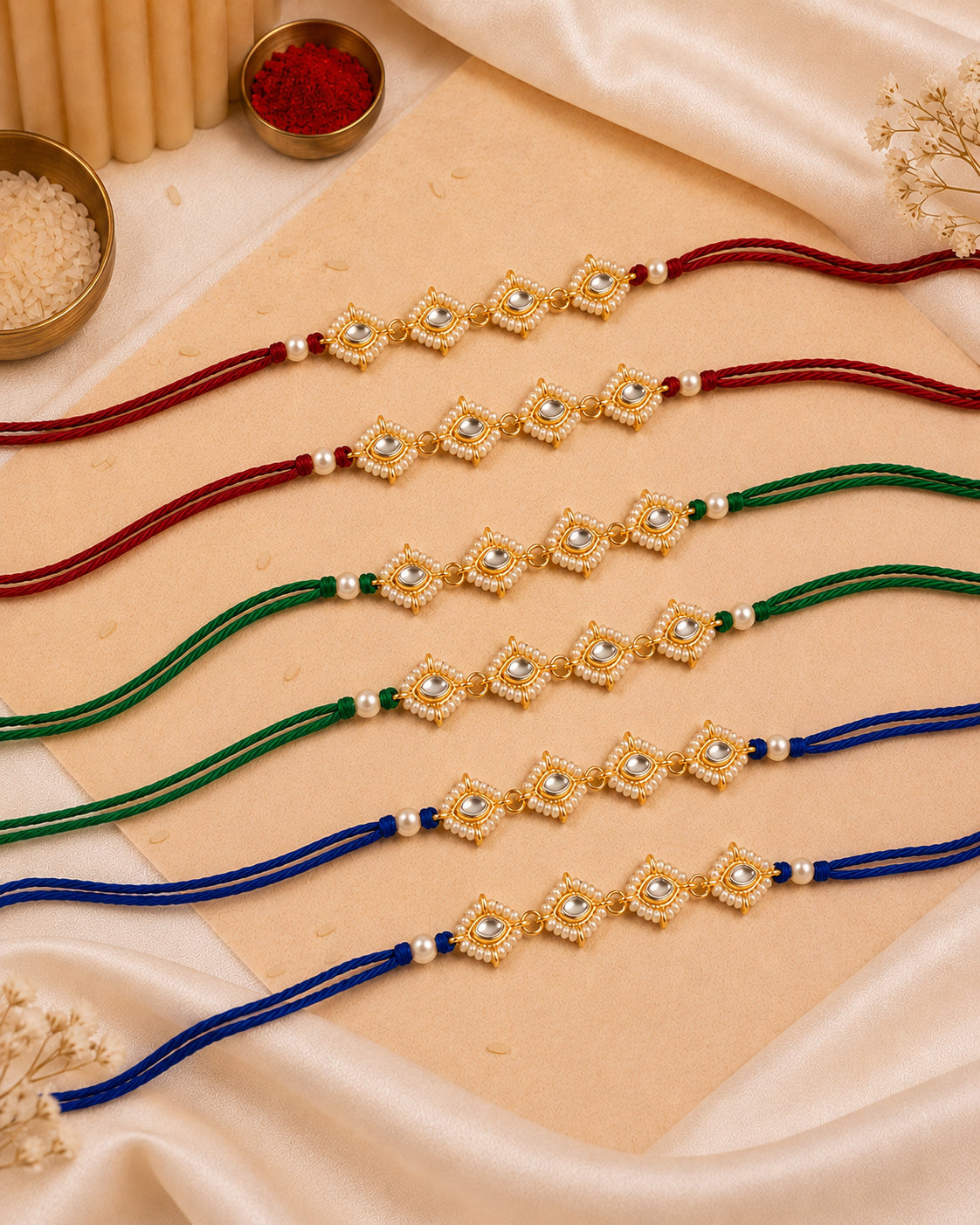 Pack of 6 Misha Rakhi for Brother | Tilak Set Included | Red-Green-Blue