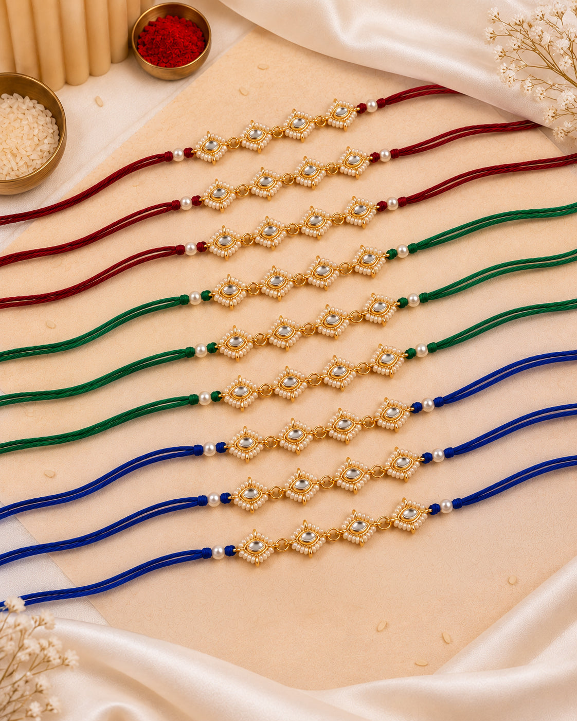 Pack of 9 Misha Rakhi for Brother | Tilak Set Included | Red-Green-Blue