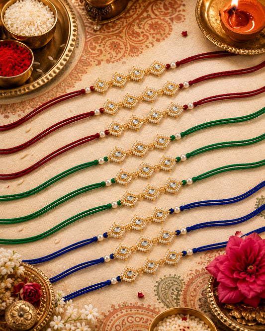 Pack of 9 Misha Rakhi for Brother | Tilak Set Included | Red-Green-Blue