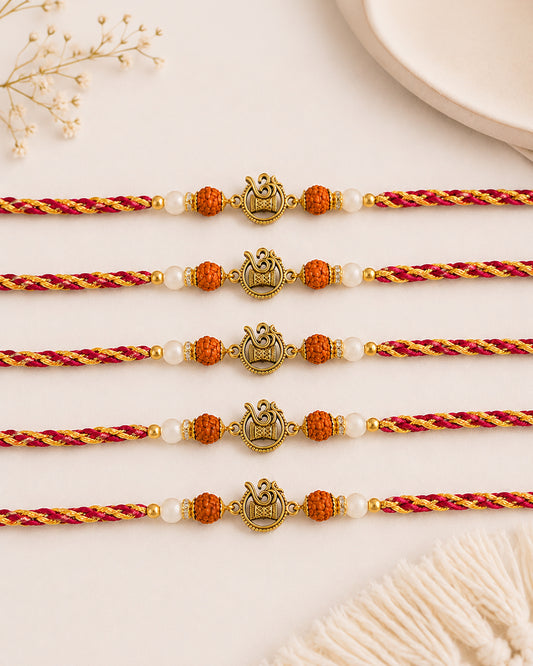 Pack of 5 Omika Rudraksh Rakhi for Brother | Tilak Set Included