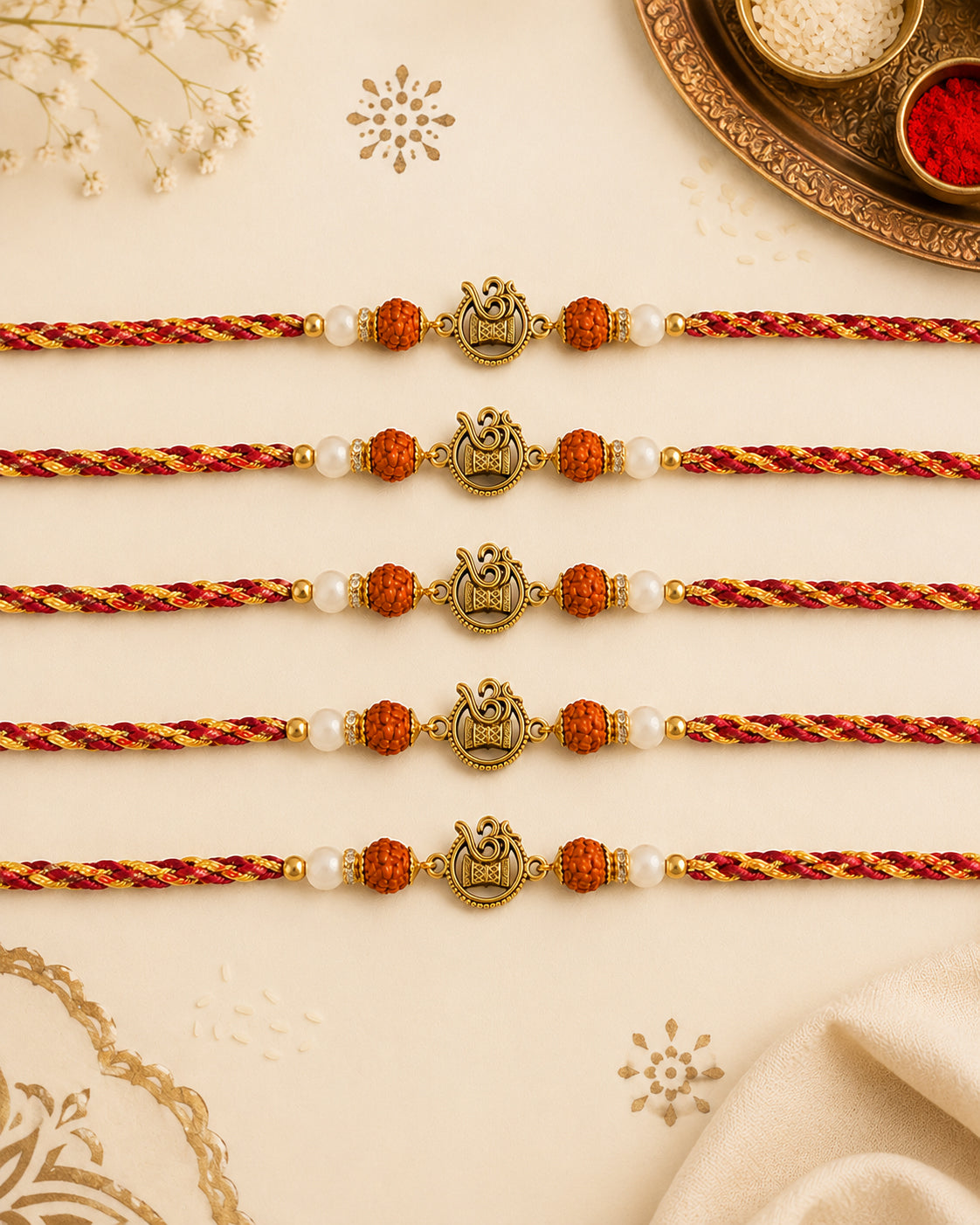 Pack of 5 Omika Rudraksh Rakhi for Brother | Tilak Set Included