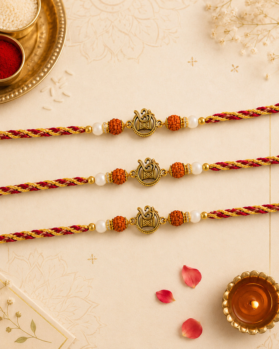 Pack of 3 Omika Rudraksh Rakhi for Brother | Tilak Set Included