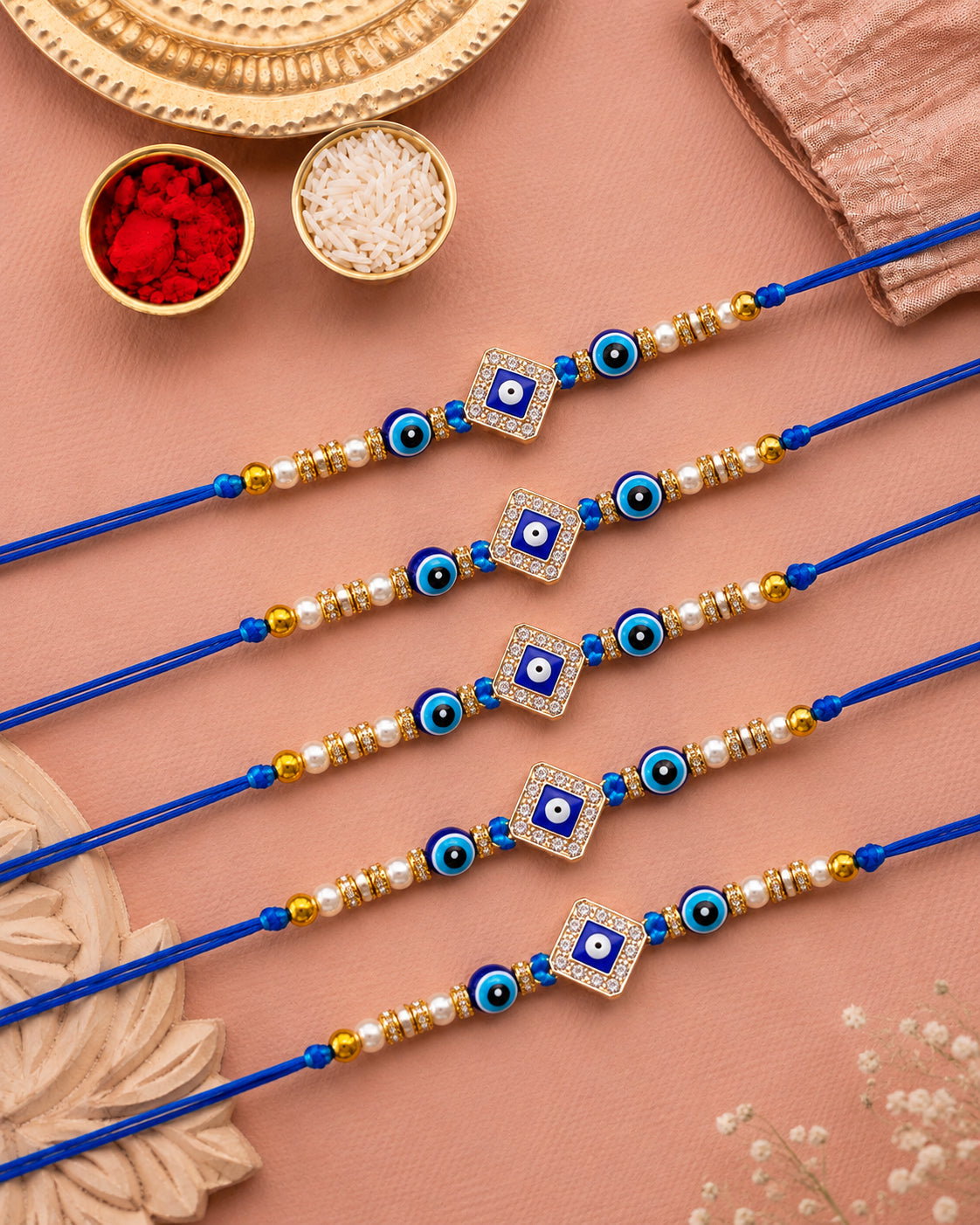 Pack of 5 Avirak Evil Eye Rakhi for Brother | Tilak Set Included