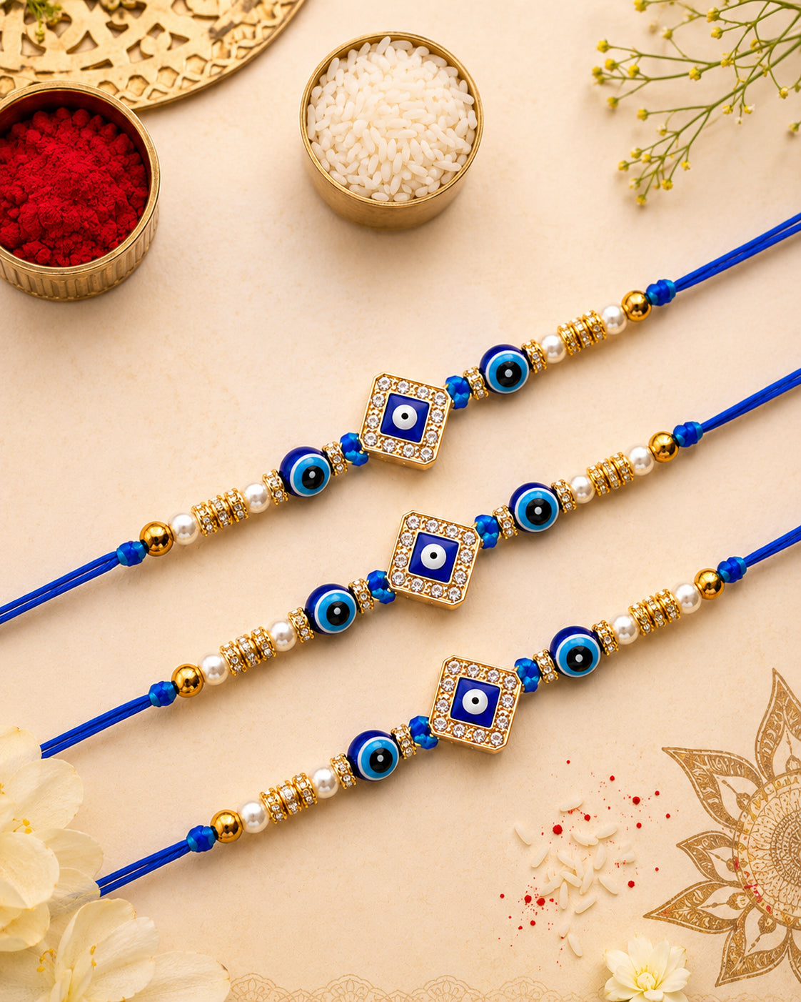Pack of 3 Avirak Evil Eye Rakhi for Brother | Tilak Set Included