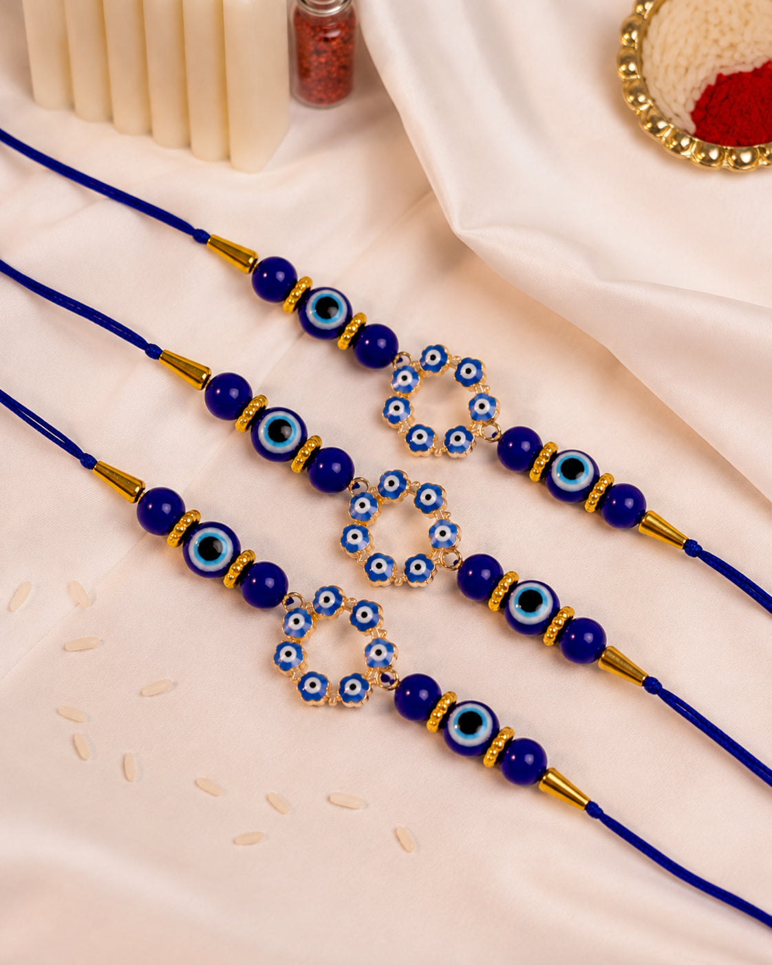 Pack of 3 Blue Chakra Evil Eye Rakhi with Card | Tilak Set Included