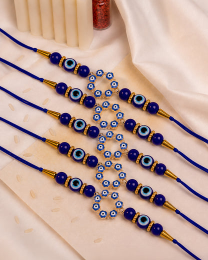 Pack of 5 Blue Chakra Evil Eye Rakhi with Card | Tilak Set Included