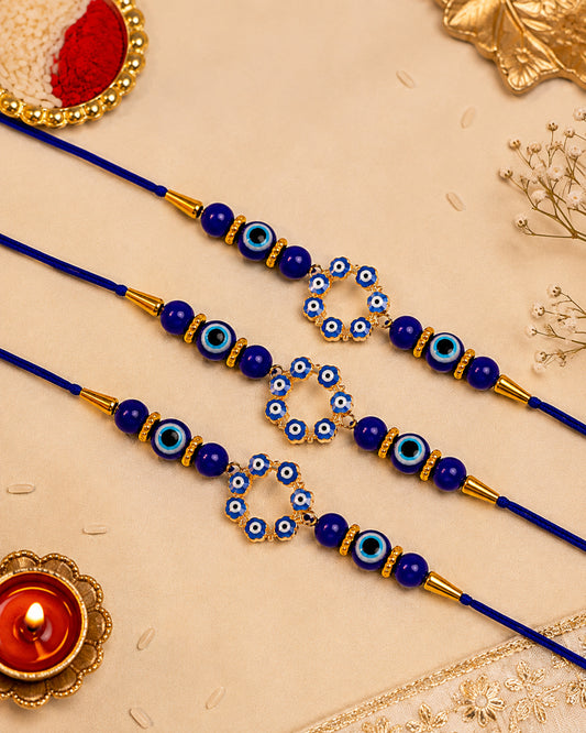 Pack of 3 Blue Chakra Evil Eye Rakhi with Card | Tilak Set Included