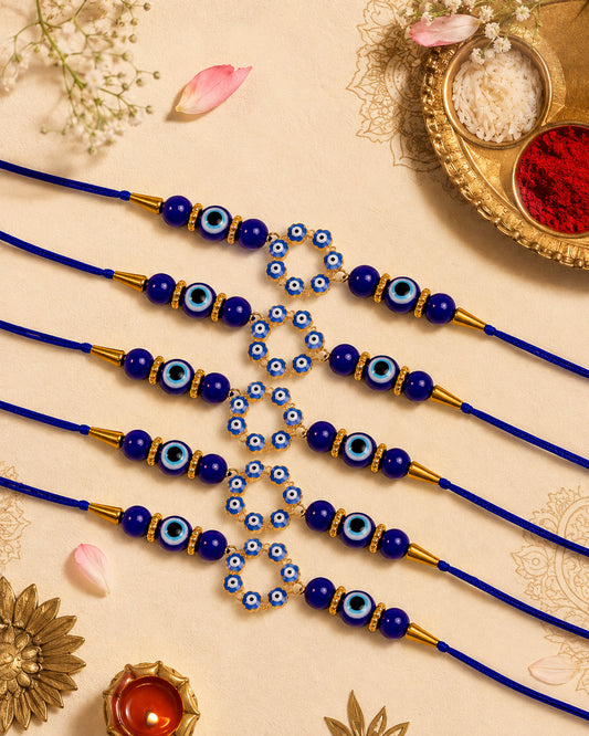 Pack of 5 Blue Chakra Evil Eye Rakhi with Card | Tilak Set Included
