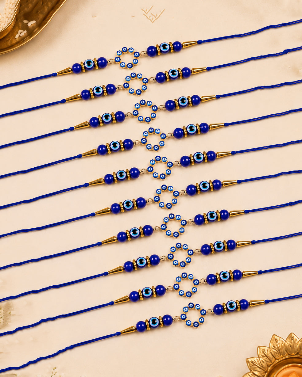 Pack of 10 Blue Chakra Evil Eye Rakhi with Card | Tilak Set Included