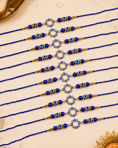 Pack of 10 Blue Chakra Evil Eye Rakhi with Card | Tilak Set Included