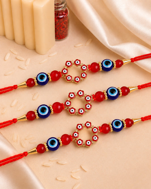 Pack of 3 Red Chakra Evil Eye Rakhi with Card | Tilak Set Included