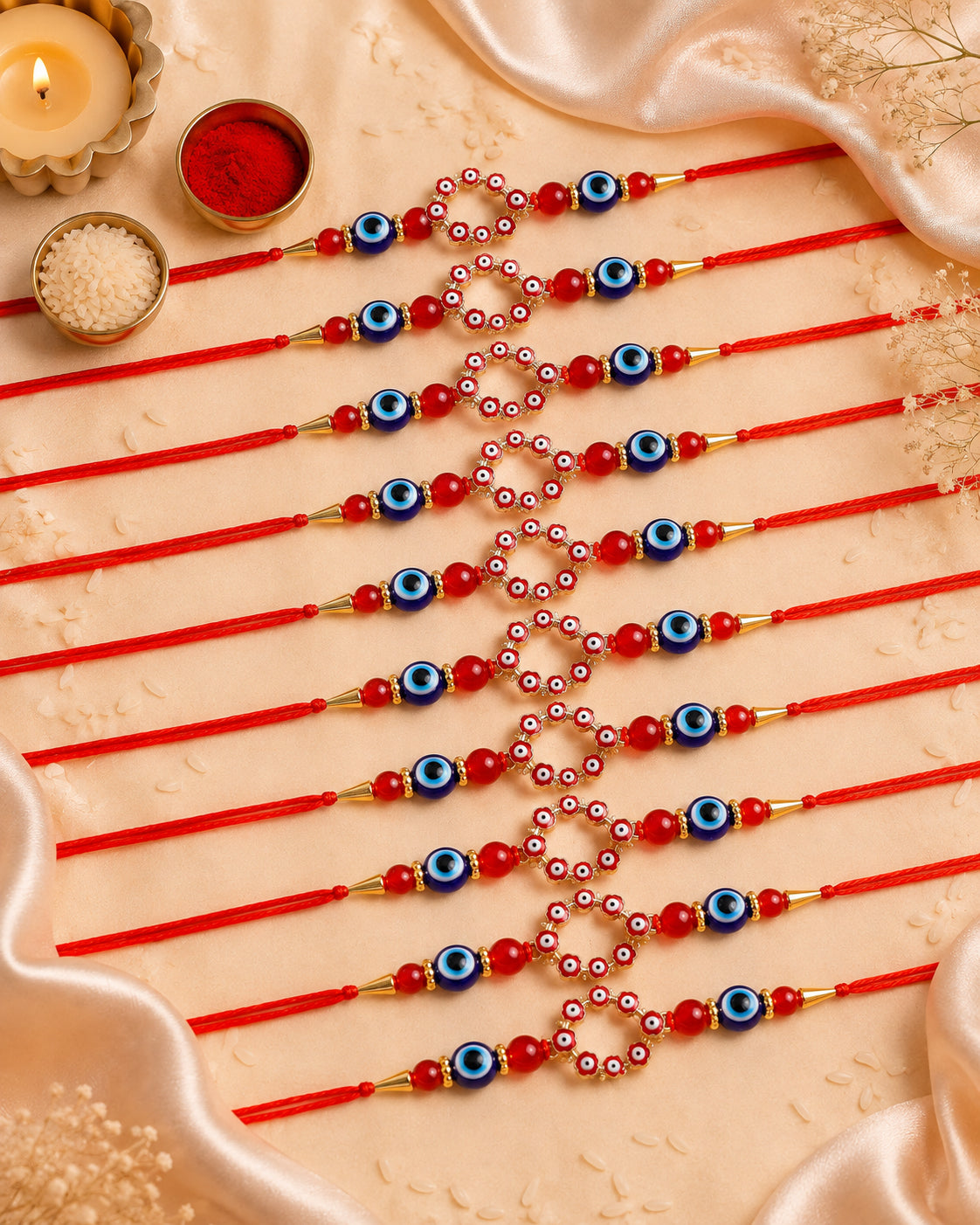 Pack of 10 Red Chakra Evil Eye Rakhi with Card | Tilak Set Included