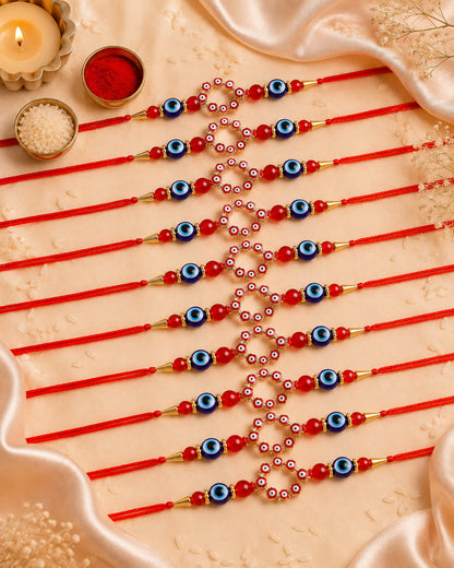 Pack of 10 Red Chakra Evil Eye Rakhi with Card | Tilak Set Included