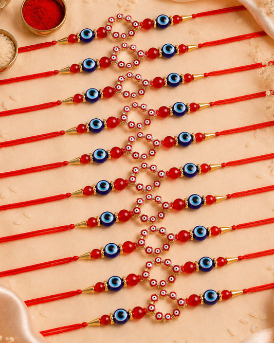 Pack of 10 Red Chakra Evil Eye Rakhi with Card | Tilak Set Included