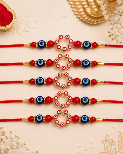 Pack of 5 Red Chakra Evil Eye Rakhi with Card | Tilak Set Included