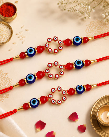 Pack of 3 Red Chakra Evil Eye Rakhi with Card | Tilak Set Included