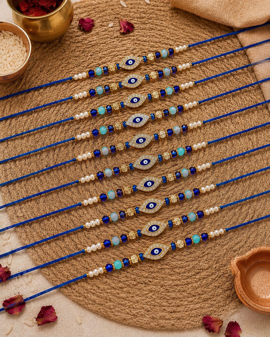 Pack of 10 Neelay Evil Eye Rakhi for Brother | Tilak Set Included