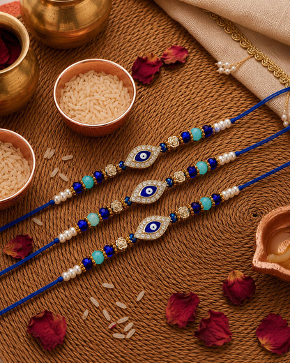 Pack of 3 Neelay Evil Eye Rakhi for Brother | Tilak Set Included