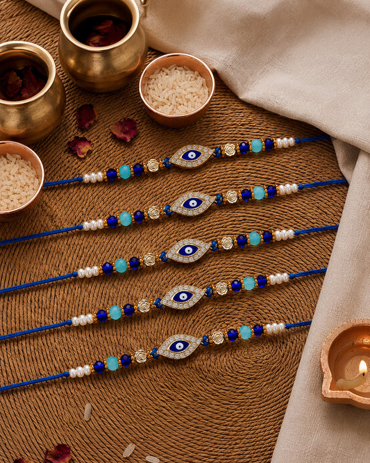 Pack of 5 Neelay Evil Eye Rakhi for Brother | Tilak Set Included