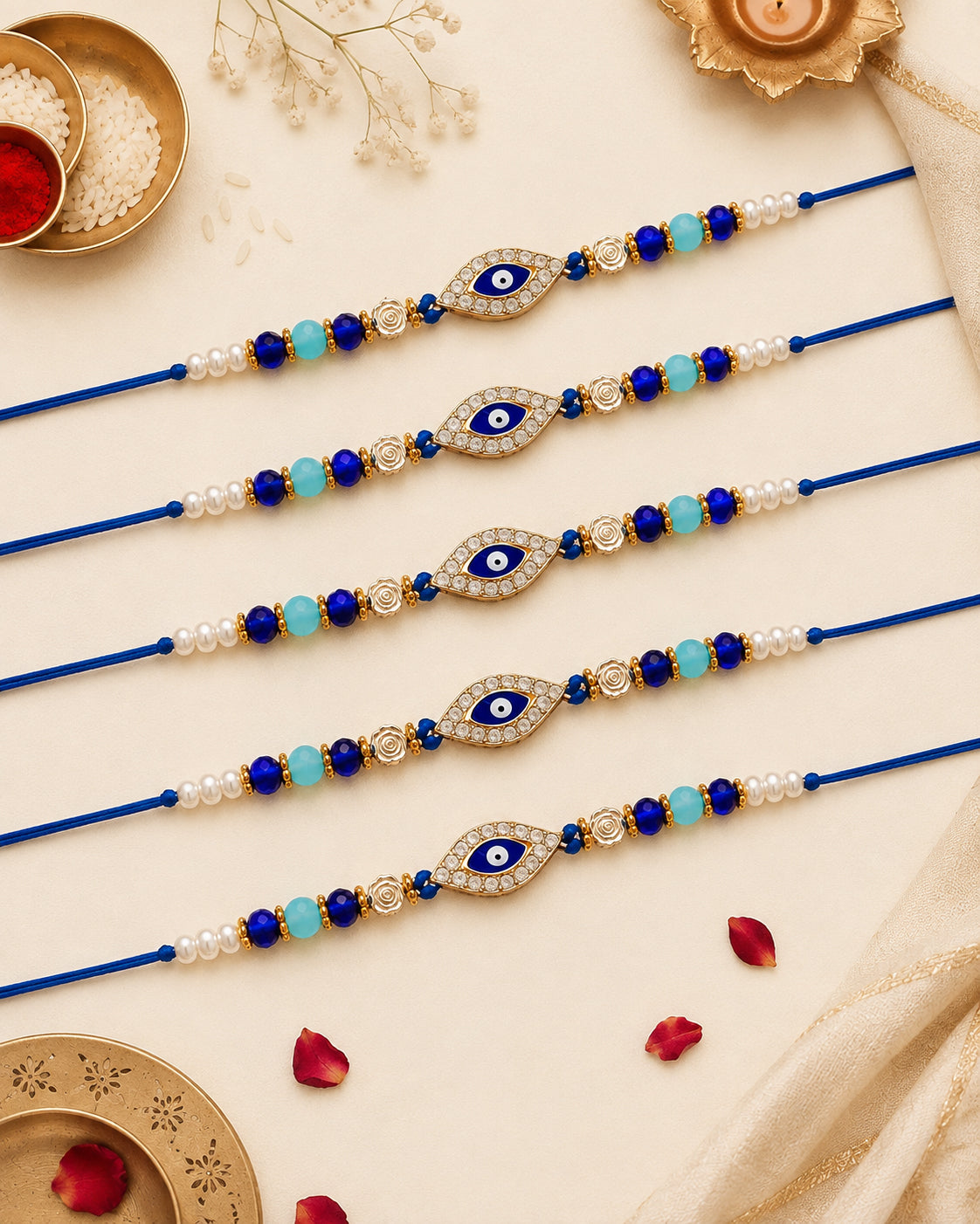 Pack of 5 Neelay Evil Eye Rakhi for Brother | Tilak Set Included