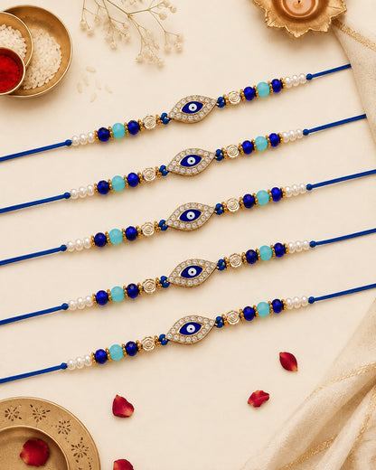 Pack of 5 Neelay Evil Eye Rakhi for Brother | Tilak Set Included