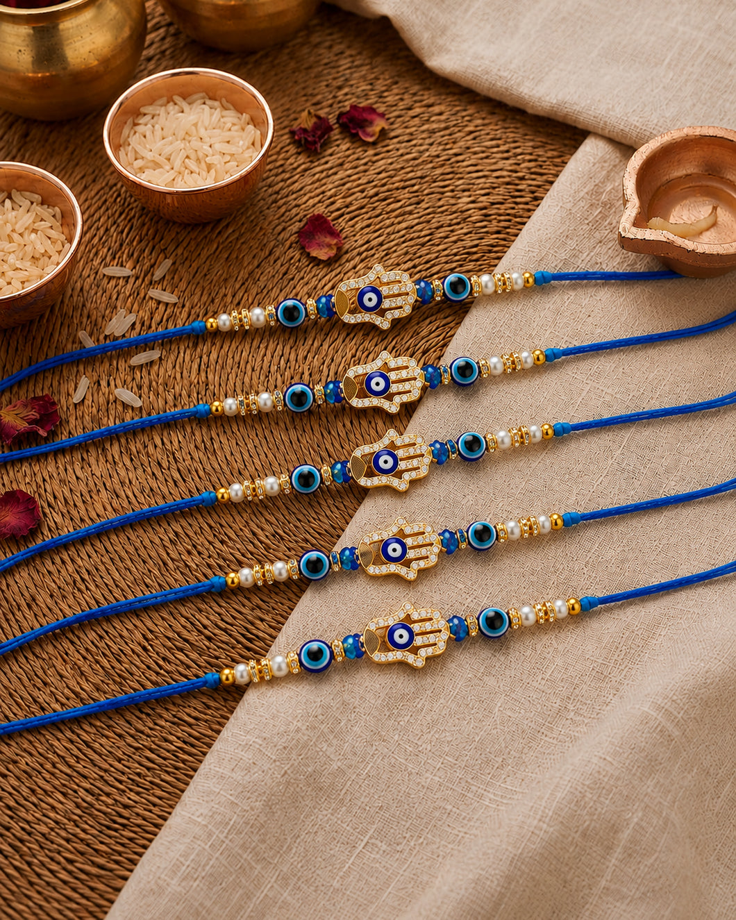 Pack of 5 Tavish Evil Eye Rakhi for Brother l Tilak Set Included
