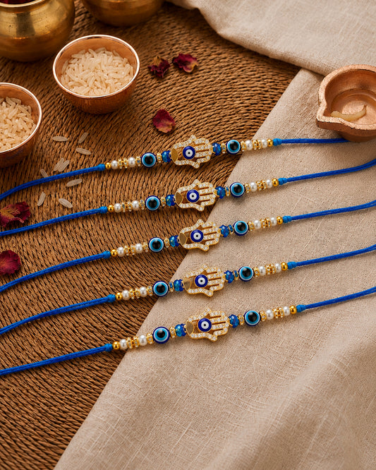 Pack of 5 Tavish Evil Eye Rakhi for Brother l Tilak Set Included