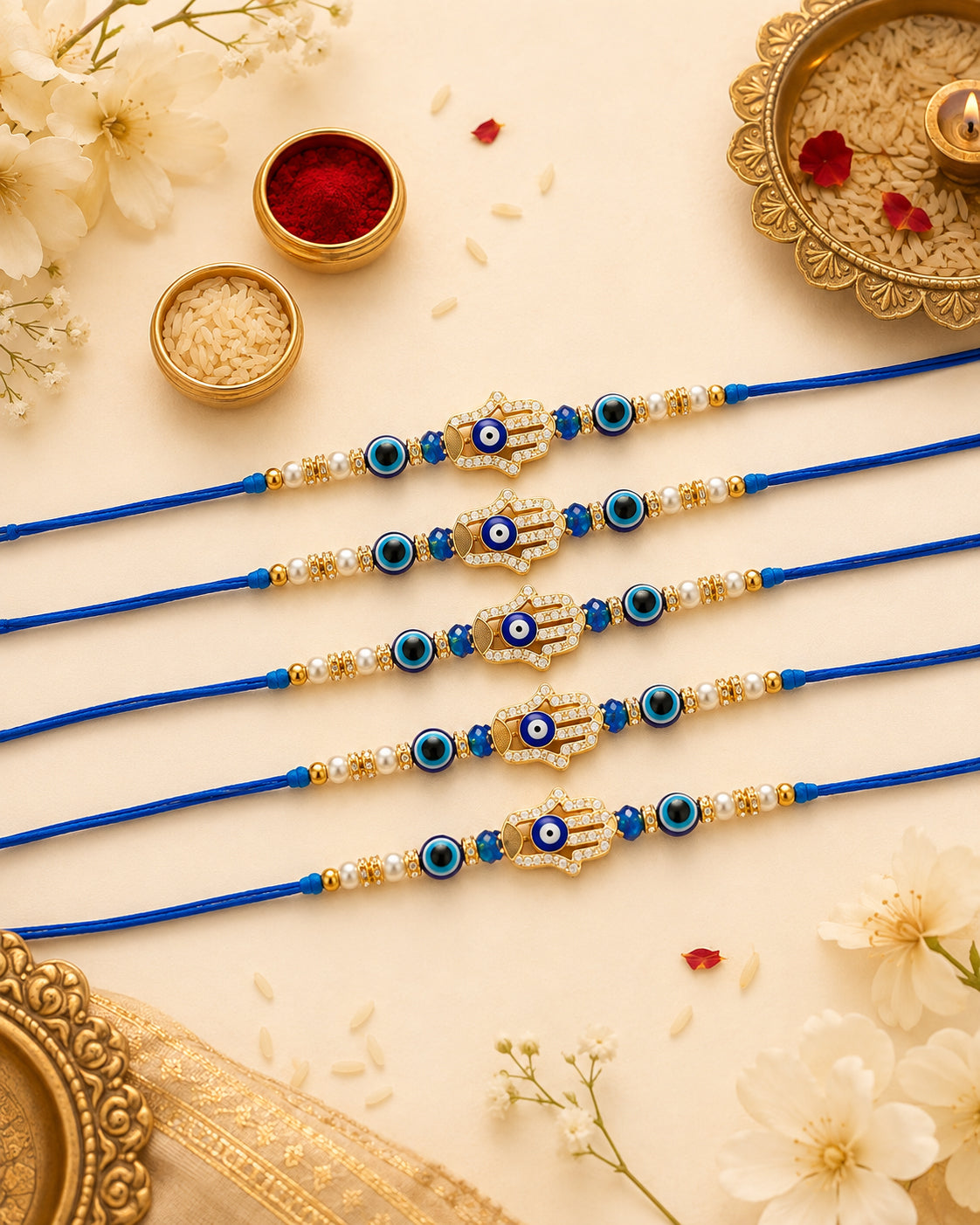 Pack of 5 Tavish Evil Eye Rakhi for Brother l Tilak Set Included