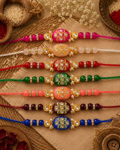 Pack of 7 Jadau Beaded Kundan Rakhi for Brother | Tilak Set Included