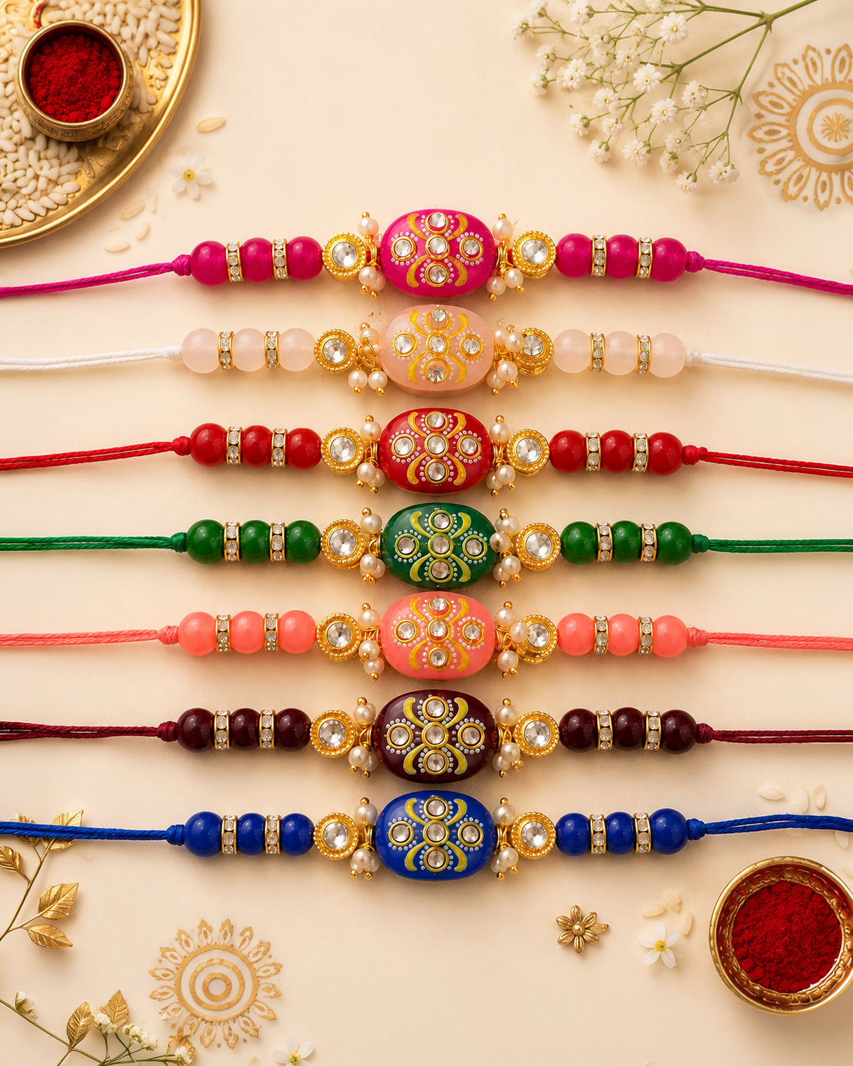 Pack of 7 Jadau Beaded Kundan Rakhi for Brother | Tilak Set Included