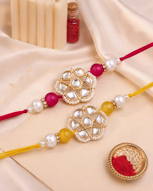 Pack of 2 Pink - Yellow Reesha Rakhi | Tilak Set Included