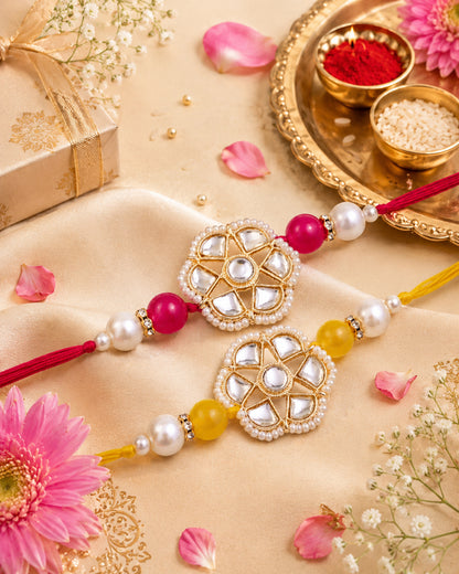 Pack of 2 Pink - Yellow Reesha Rakhi | Tilak Set Included