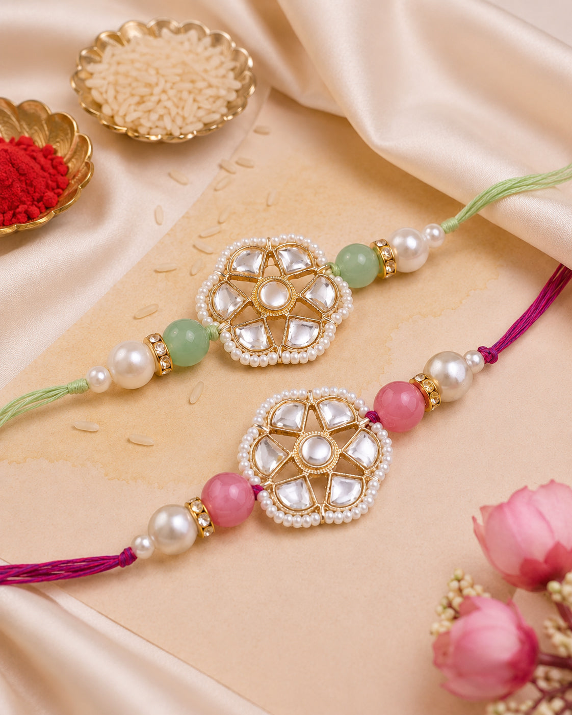 Pack of 2 Blush-Mint Reesha Rakhi | Tilak Set Included