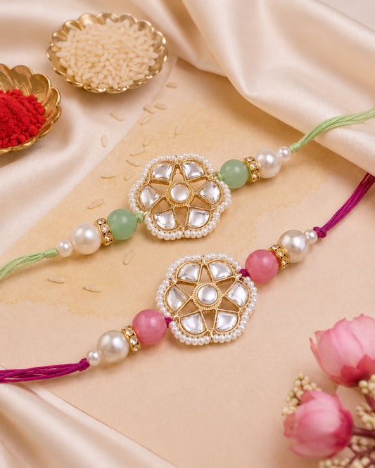 Pack of 2 Blush-Mint Reesha Rakhi | Tilak Set Included