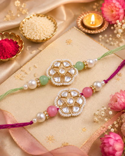 Pack of 2 Blush-Mint Reesha Rakhi | Tilak Set Included