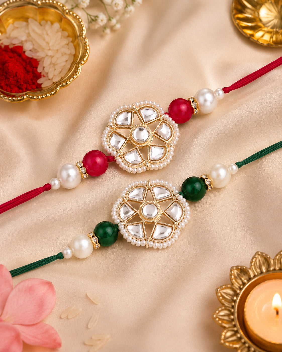 Pack of 2 Green-Pink Reesha Rakhi | Tilak Set Included