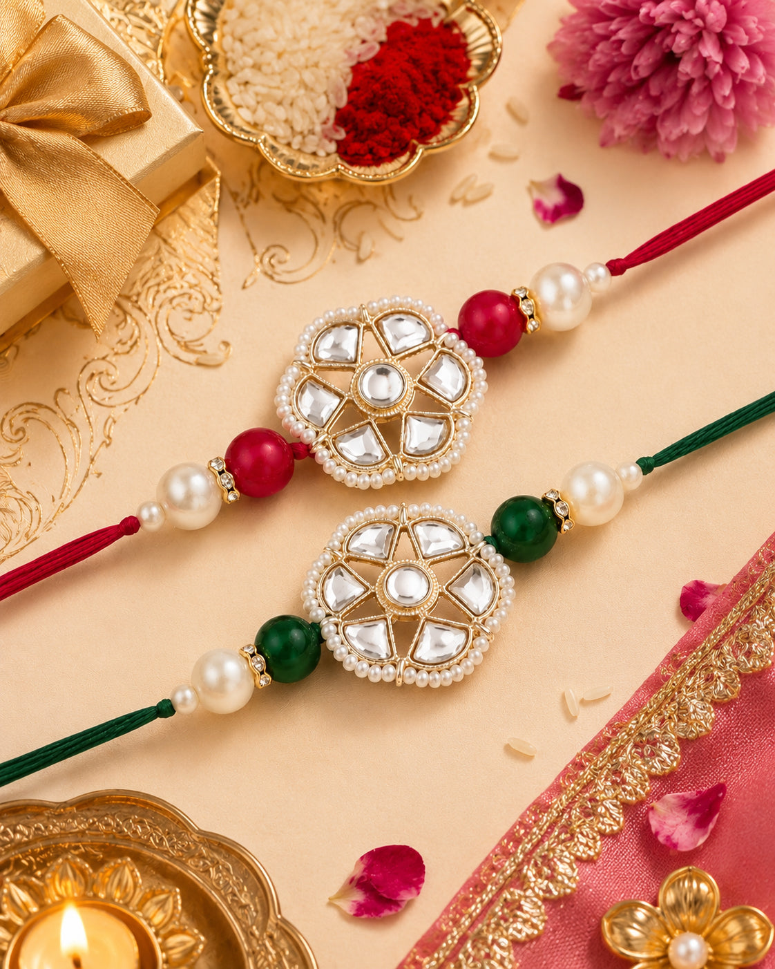 Pack of 2 Green-Pink Reesha Rakhi | Tilak Set Included