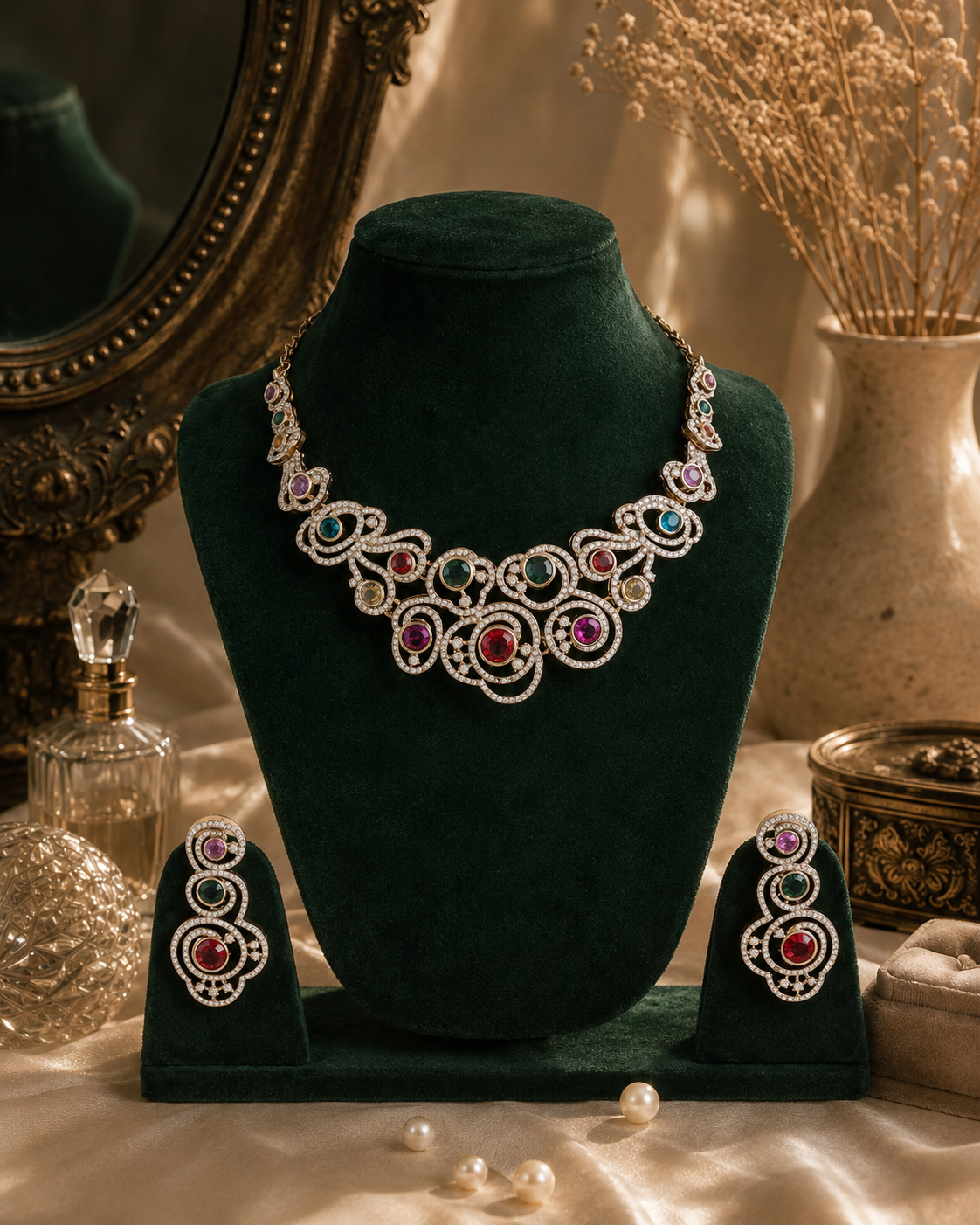 Multi Ira Premium Designer Zircone Necklace With Earring