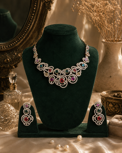 Multi Ira Premium Designer Zircone Necklace With Earring